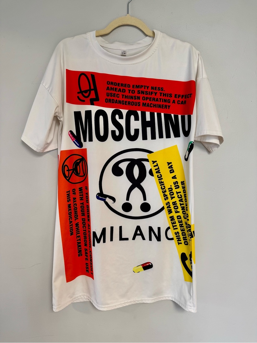 Moschino White Graphic Logo Tee with Red and Yellow Panels
